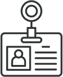 Outline of an identification badge with a profile picture and text lines, symbolizing credentials or employee identification