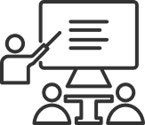 Outline of a person giving a presentation on a screen to two seated viewers, representing training or a classroom setting